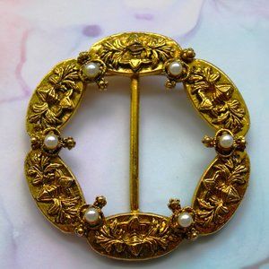 Vintage Scarf Brooch Golden Filigree with Faux Pearl